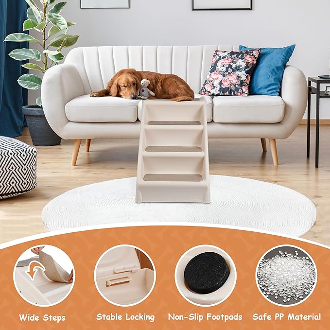20" H 4-Step Dog Stairs for Small Dogs and Cats, Non-Slip Dog Steps for High Beds, Couch, Sofa, Sturdy Pet Steps (Tan)