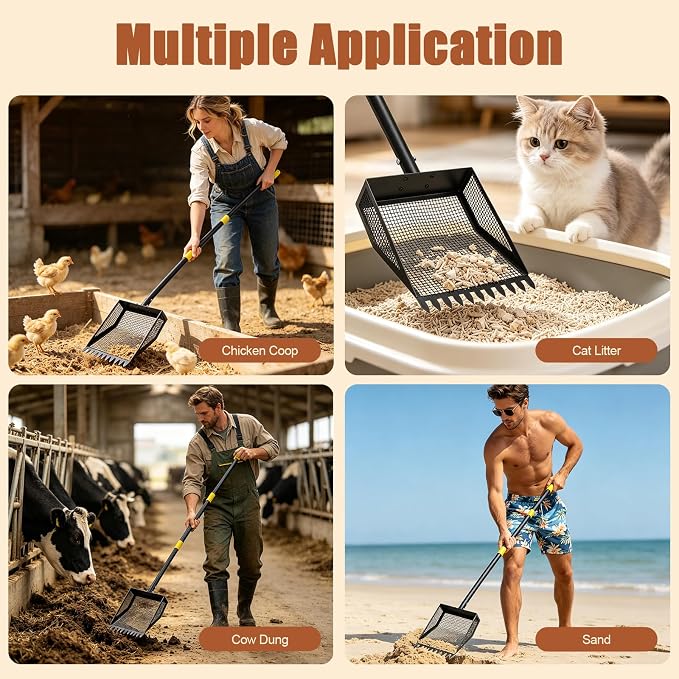 Ihomepark Chicken Poop Scooper & Rake, 42-84" Adjustable Chicken Coop Shovel, 2-in-1 Heavy Duty Iron Sand Sifting Litter Rake for Chicken Coop, Goat, Cat Litter & Barn Yard Waste