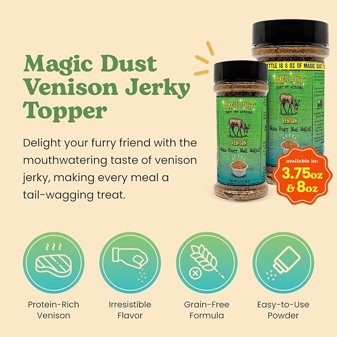 Magic Dust Venison Jerky Topper, Single Protein Pet Food Topper for Dogs & Cats, Enhance Flavor & Elevate Mealtime Excitement for Picky Eaters - 3.5 Ounce Bottle in Venison Flavor
