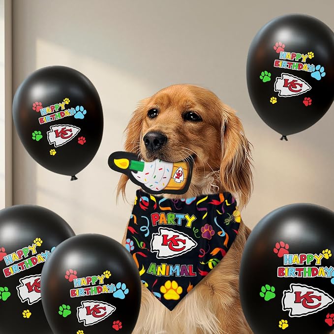NFL Kansas City Chiefs Dog Birthday Party Set 8pcs with 1 Football Bandana Large/X-Large, 1 Birthday Cake Toy & 6 B-Day Balloons, Dog Birthday Set, Costume, Fun Doggie Party Accesories
