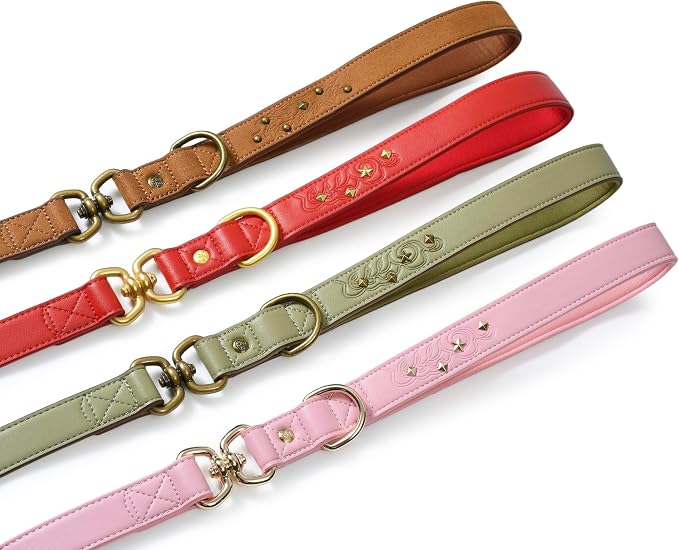 Blueberry Pet Premium Embossed Sage Green Glam Microfiber Leather Dog Leash with Antique Brass Studs
