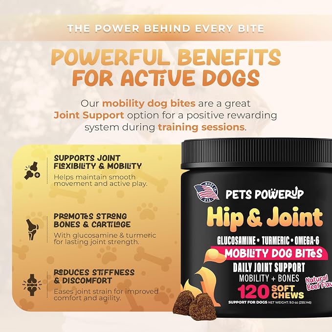 Hip & Joint Mobility Dog Vitamins and Supplements (120 Ct) Dog Bites Soft Chews Treats with Glucosamine Chondroitin MSM Turmeric Omega 6 Dog Joint Supplement for Small Medium Large Dogs