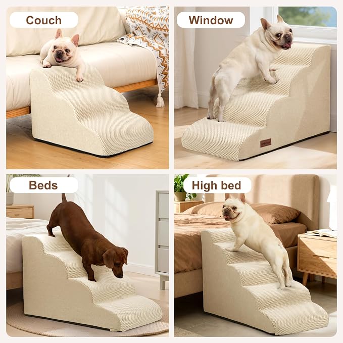 Aodisman Dog Stairs for Bed 22.4”H,5-Step Dog Ramp for Small Dogs & Cats,Pet Steps for Dogs to get on High Bed, Indoor Anti-Slip Pet Stairs for Old Cats and Puppy,Beige