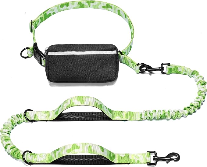 iYoShop Hands Free Dog Leash with Zipper Pouch, White-Green Mix, Large | Waist Leash, Dual Padded Handles, Shock-Absorbing Bungee, Adjustable Waist Belt, Walking and Running