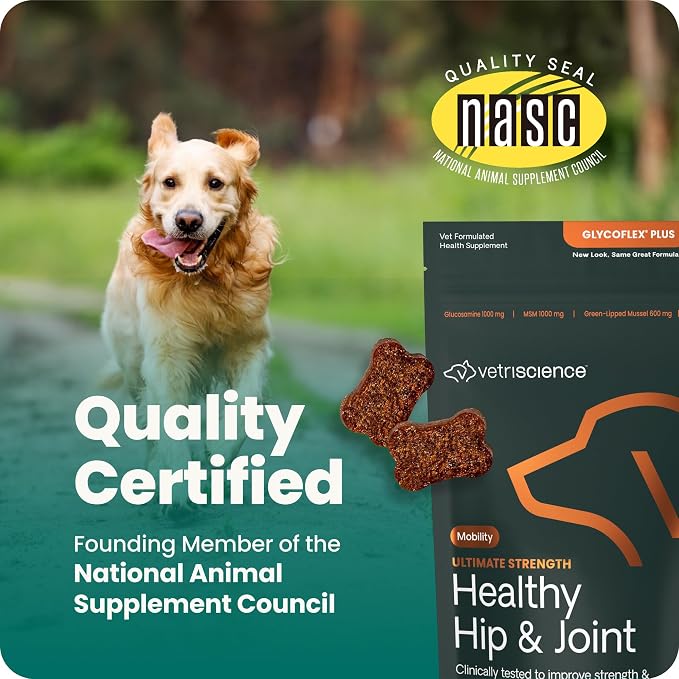 VetriScience Ultimate Strength Healthy Hip & Joint Chews, GlycoFlex Glucosamine, Chondroitin and Green-Lipped Mussel Joint Support Supplement for Dogs, Soothe Joint Discomfort, Duck, 120 Count