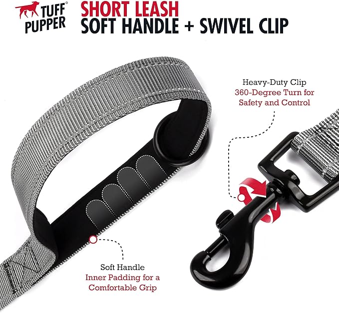 Tuff Pupper Short Dog Leash for Training | 24 Inch | Perfect for Service Dog Harness & Traffic Leash Handle w/Padding | Steel Gray