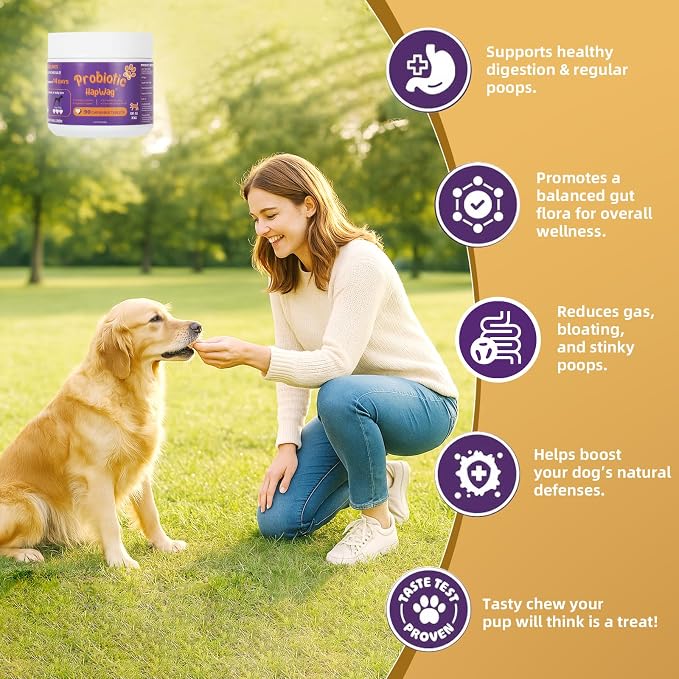 Dog Probiotic Chewable Tablets with Prebiotic, Apple Cider Vinegar & Papaya Powder, Pork Flavor Daily Digestive Supplement for All Breeds Dogs, 90 Count
