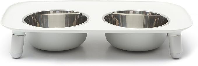Messy Mutts Elevated Double Dog Feeder, Adjustable Height, Light Grey | Adjustable-Height Elevated Double Dog Feeder With Two 5 Cup Stainless Bowls, Legs Set To 3, 5, Or 10 Inches