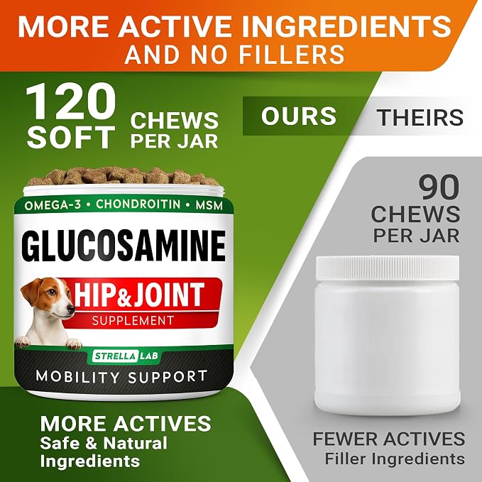 Glucosamine Treats for Dogs - Joint Supplement w/Omega-3 Fish Oil - Chondroitin, MSM - Advanced Mobility Chews - Joint Pain Relief - Hip & Joint Care - Chicken Flavor - 120 Ct - Made in USA