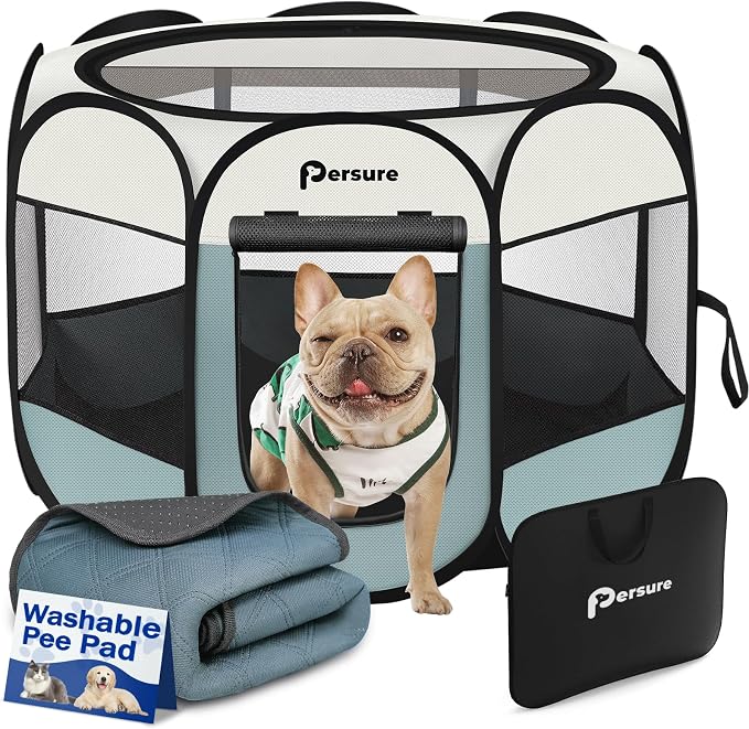 Dog Cat Playpen Indoor Outdoor for Puppy Pet Dogs Cat Recovery After Surgery, Dog Tent Crates Cage Indoor/Outdoor, Portable Pop Up Kennel with Carrying Case for Travel (Grey with Pad, Small)