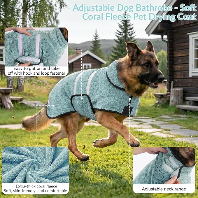 Bienbee Dog Bathrobe, Quick Drying Super Absorbent Pet Robes for Small Medium Large Dogs, Drying Coat for After Bath & Swim, Warm & Cozy Dogs Towels, Dog Puppy Bath Supplies, Light Green L