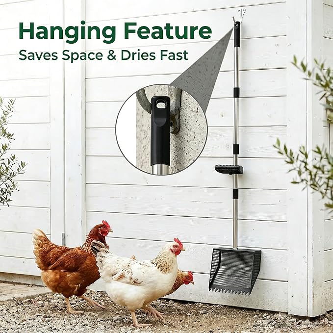 TOOGE Large Chicken Poop Scooper: 2-in-1 Metal Pooper Scooper & Rake Adjustable 62" Long Handle Stainless Steel Sand Sifting Litter Shovel Chicken Coop Scoop Cleaning for Bedding Goats Bright Black