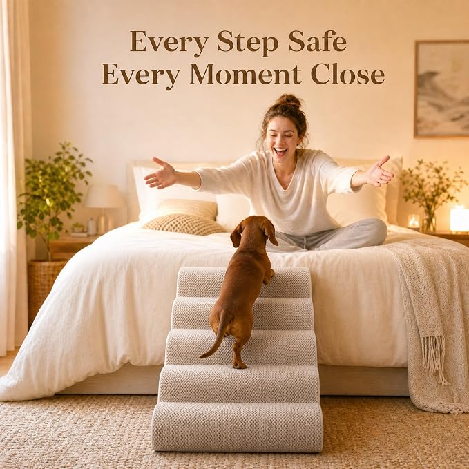 Dog Ramp for Bed,Pet Ramp for High Bed,Dog Stairs for Small & Medium Dogs,Curved Non-Slip Ladder for Older Dogs & Cats,24.4" H,5-Step (White)