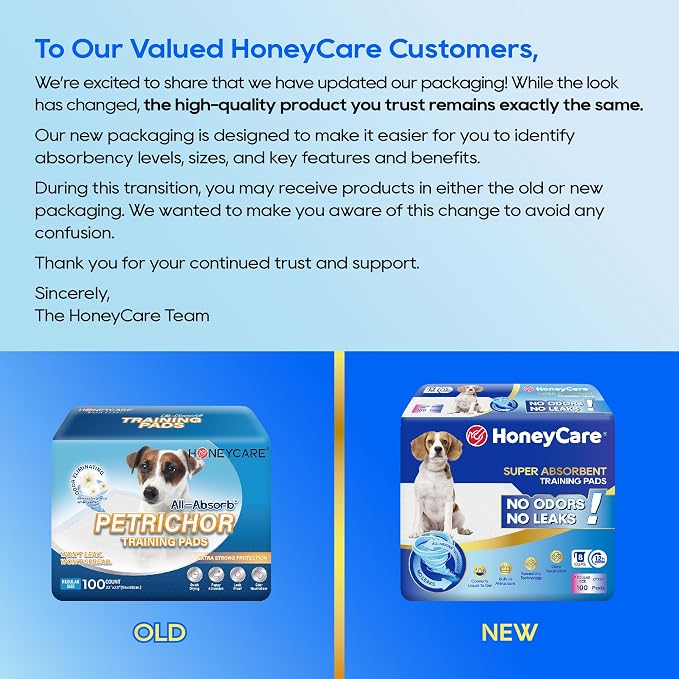 Honey Care All-Absorb Puppy Training Pads Made in The USA! Ultra Absorbent and Odor Eliminating, Leak-Proof 5-Layer Potty Training Pads 22"x23" with Quick-Dry Surface