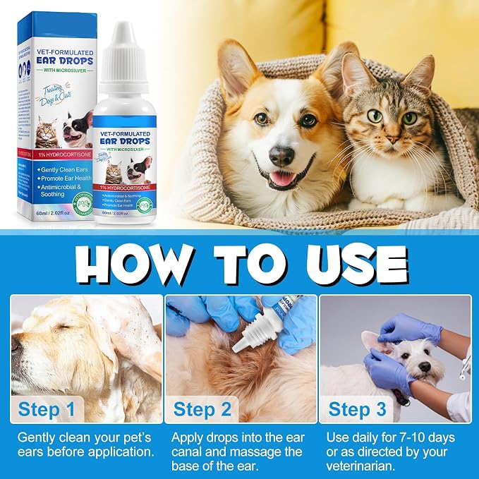 2 Pack Dog & Cat Ear Infection Treatment Drops with 1% Hydrocortisone