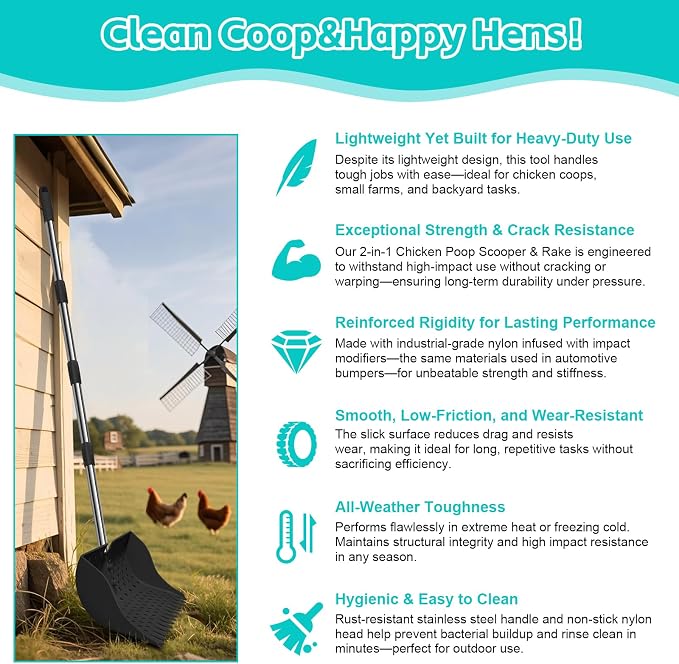 12" 2-in-1 Chicken Poop Scooper & Rake (US Patent No. D1124534), 3-Shape Sifting Holes Chicken Coop Rake, Stainless Steel Handle (20–61") - Litter Scoop Sand & Sifting Shovel (Black)