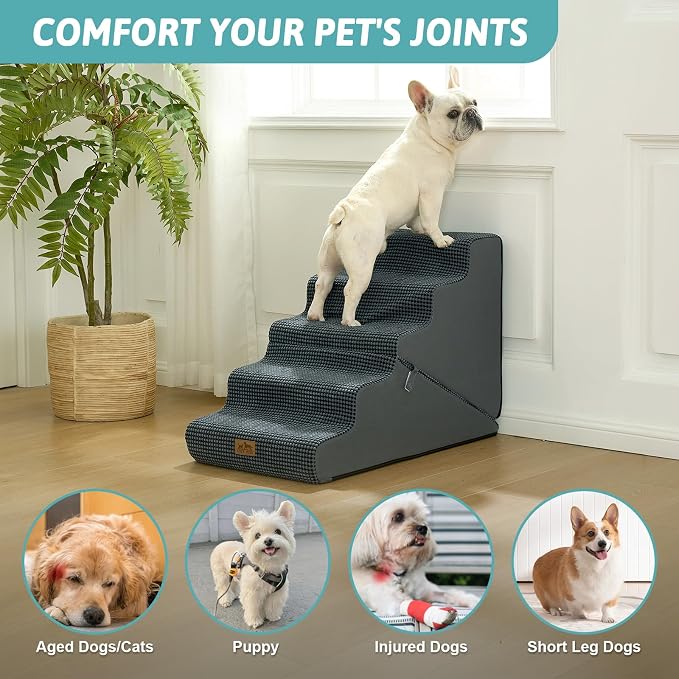 COZY KISS Dog Stairs for Small Dogs, 3-Step 2-in-1 Dog Steps,22.4" H | 5-step dog stairs and ramps,Non-Slip Base,for Couch & Bed, Dark Grey