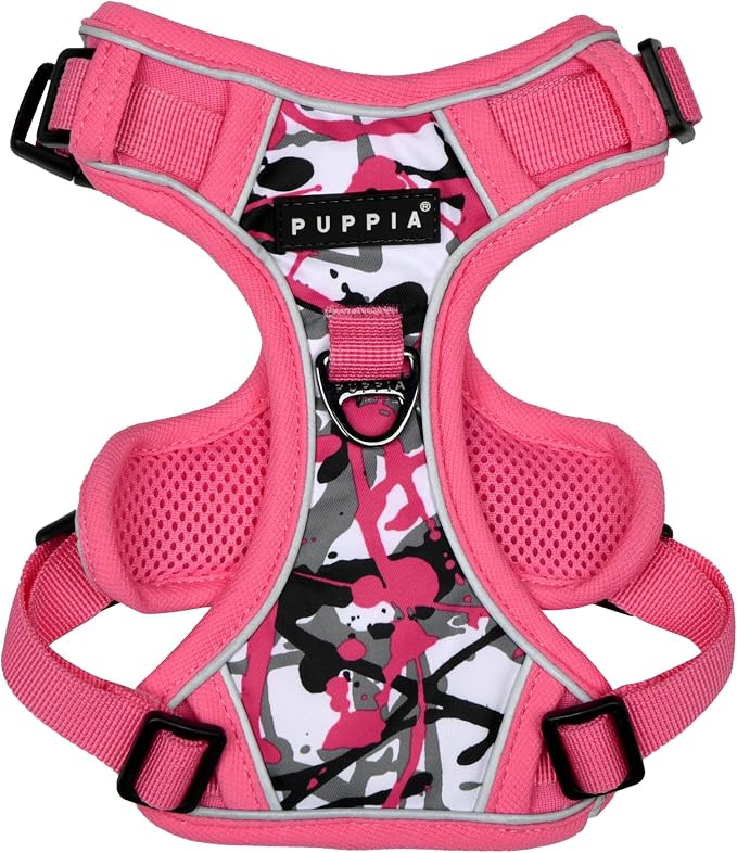 Puppia Abstract Dog Harness H Sturdy Adjustable Neck and Chest Reflective Paint Pattern Front and Back D-Ring for Small and Medium Dogs, Pink, Large