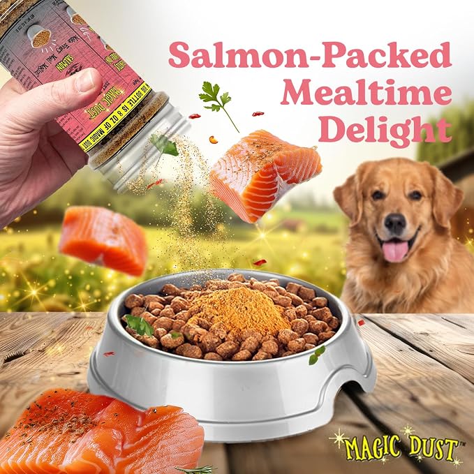 Magic Dust Salmon Jerky Topper, Single Protein Pet Food Topper for Dogs & Cats, Enhance Flavor & Elevate Mealtime Excitement for Picky Eaters - 8 Ounce Bottle in Salmon Flavor