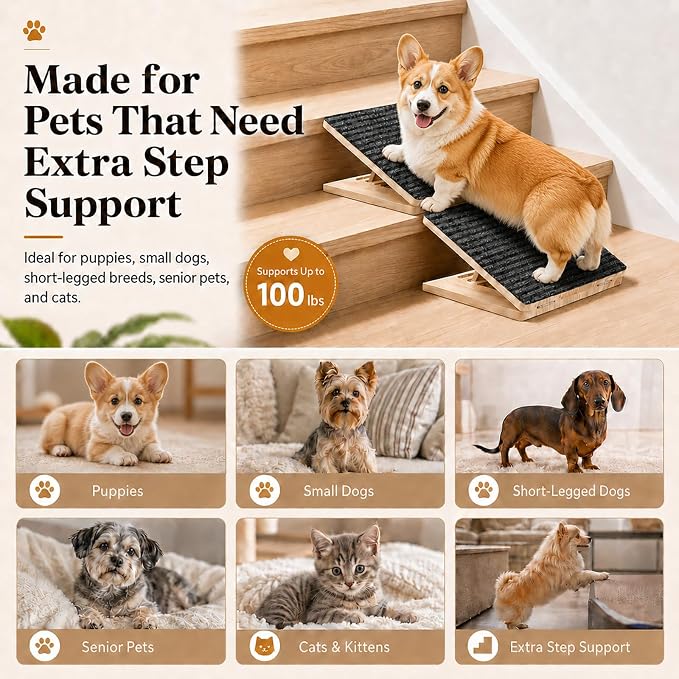 2 Pack Dog Ramp for Stairs - Solid Wood Adjustable & Foldable Pet Ramps, 3 Heights, Non-Slip Silicone Base & Traction Felt, 100lb Capacity, Indoor Stairs & Porch