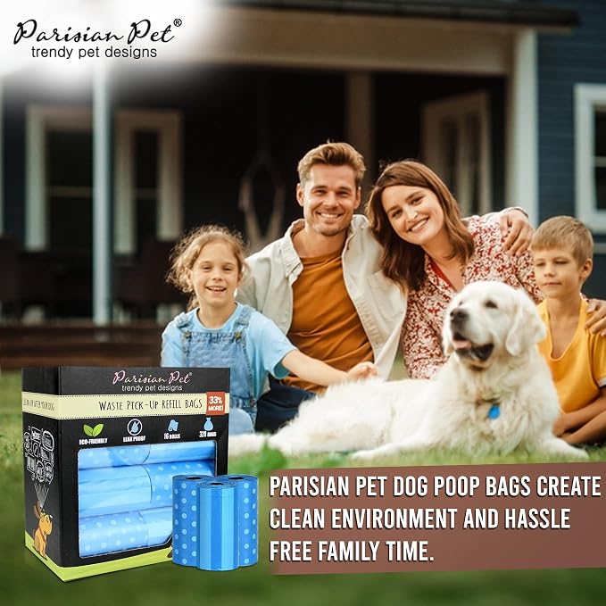 Parisian Pet Ecofriendly Dog Poop Bags Rolls - 320 Count Unscented Poop Bags For Dogs - Leakproof, Extra Thick, 16 Dog Waste Bags Refill Rolls - Stripes Dots Blue Doggie Poop Bags