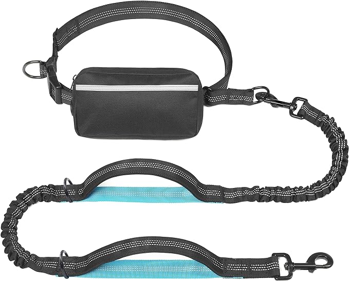 iYoShop Hands Free Dog Leash with Zipper Pouch, Medium, 8-25 lbs, Black | Waist Leash, Dual Padded Handles, Shock-Absorbing Bungee, Adjustable Waist Belt, Walking and Running