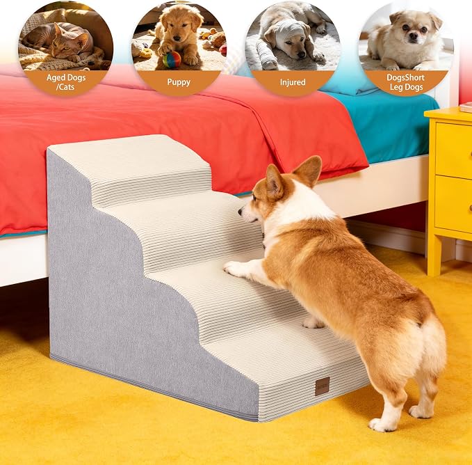 Dog Stairs for Small Dogs,19.7" H,4-Step Curved Pet Ramp for Bed Couch Sofa and Chair,Non-Slip Pet Steps for Injured & Senior Pets with Washable Cover and Durable High Density Foam,Beige