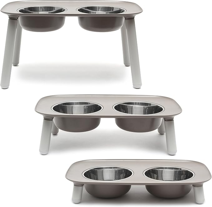 Messy Mutts Elevated Double Dog Feeder, Adjustable Height, Dark Grey | Adjustable-Height Elevated Double Dog Feeder With Two 5 Cup Stainless Bowls, Legs Set To 3, 5, Or 10 Inches