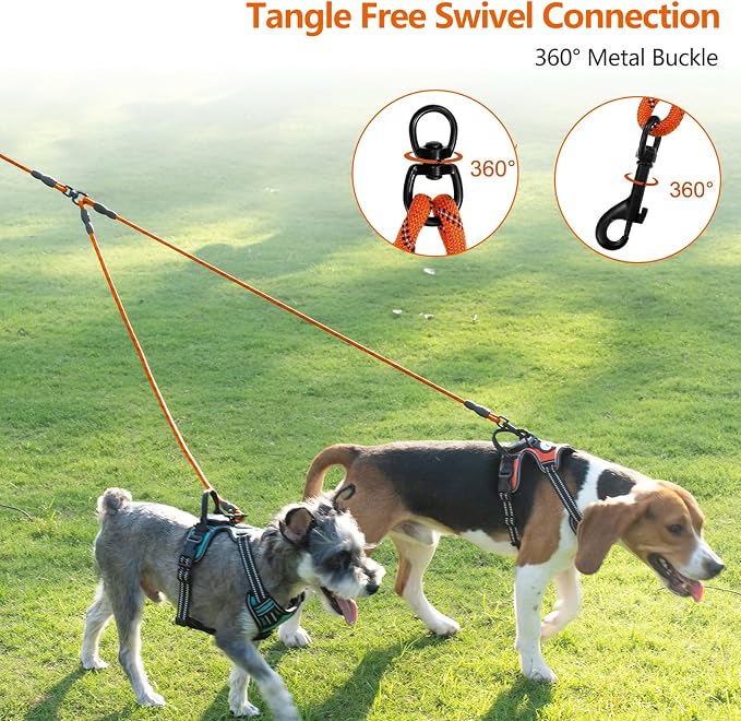 Taglory Double Dog Leash Coupler for Two Dogs, 1/3" Lightweight Dual Leash Extension for Small and Medium Dogs, No Tangle 360° Swivel, Reflective Rope, 30 Inch, Orange