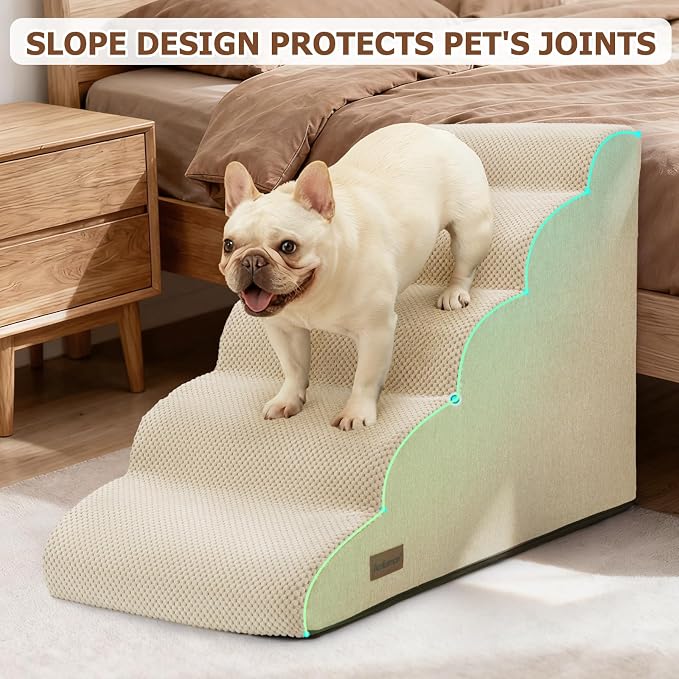 Aodisman Dog Stairs for Bed 22.4”H,5-Step Dog Ramp for Small Dogs & Cats,Pet Steps for Dogs to get on High Bed, Indoor Anti-Slip Pet Stairs for Old Cats and Puppy,Beige