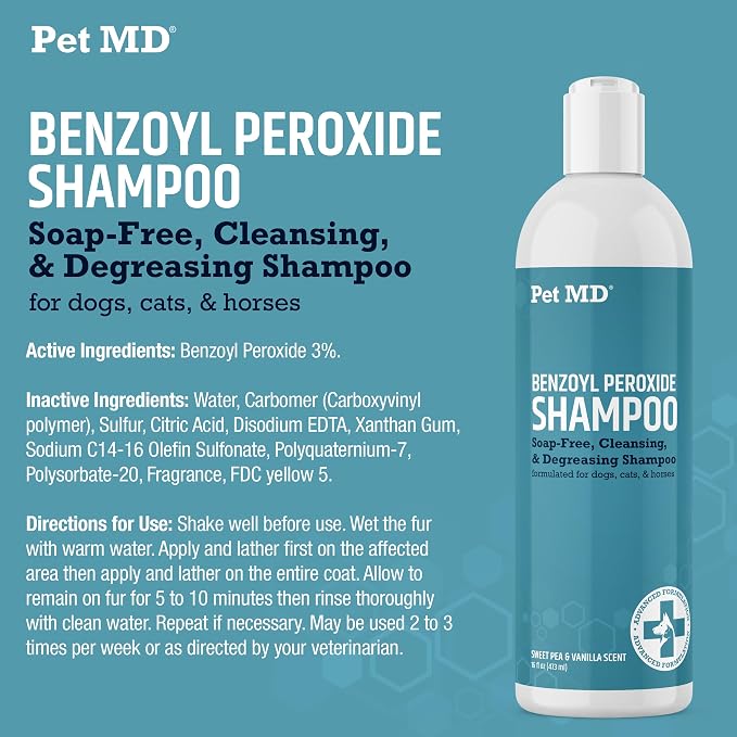 Pet MD Benzoyl Peroxide Shampoo for Dogs, Cats, & Horses - 16oz | Helps Remove Dead Skin & Unclog Pores - Seborrhea and Degreasing Shampoo for Pet Skin Maintenance - Sweet Pea Vanilla Scent