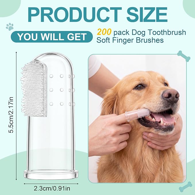 200 Pcs Dog Tooth Brushing Kit, Finger Toothbrush for Dogs Cats Puppy with Silicone Bristles and 16 Round Particles, Thickened Silicone-Layer Transparent Pet Dental Care