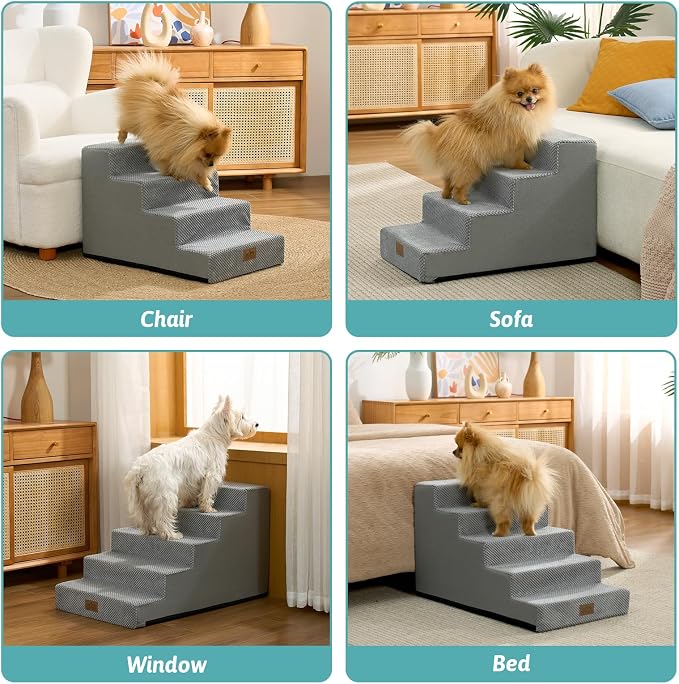 COZY KISS Dog Stairs for Small Dogs, 5 Step Pet Stairs for Beds & Couches | 17.7" H Non-Slip Dog Steps for Bed & Sofa, Gentle Incline for Puppies, Senior Cats, and Small Dogs, 17.7x29.5x17.7 in, Grey