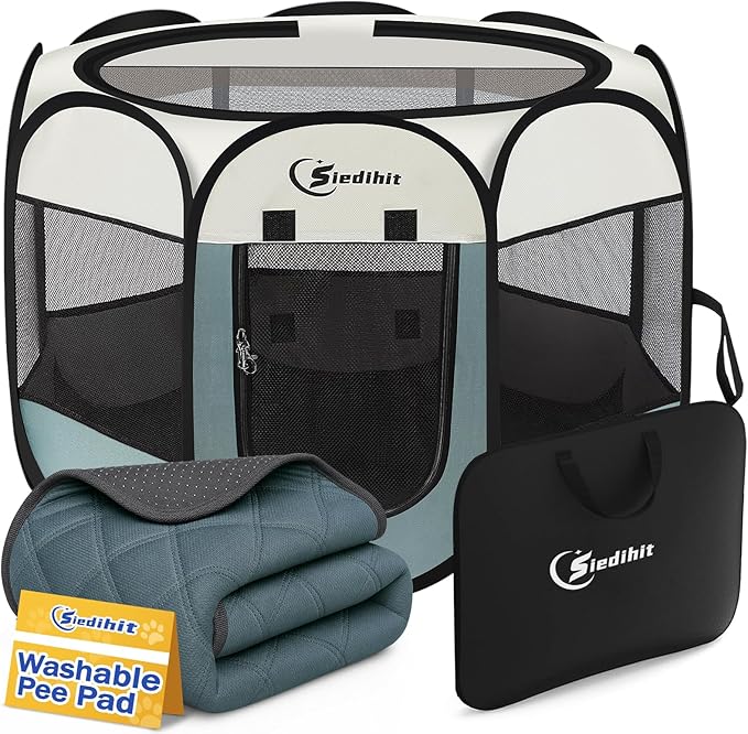 Siedihit Medium Dog Cat Playpen, Puppy Pet Playpen Indoor for Dog Crate Tent Cage Outdoor, Portable Pop Up Dogs Enclosure Kennel with Carrying Case for Dogs/Cats/Rabbits (Grey with Pad, Medium)