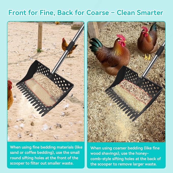 12" 2-in-1 Chicken Poop Scooper & Rake (US Patent No. D1124534), 3-Shape Sifting Holes Chicken Coop Rake, Stainless Steel Handle (20–61") - Litter Scoop Sand & Sifting Shovel (Black)