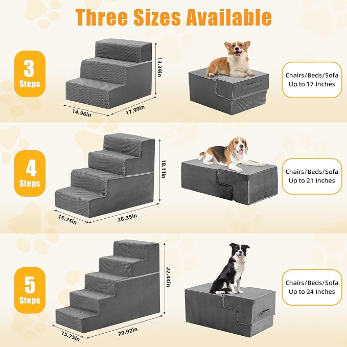5-Step Dog Stairs for Large Dogs and Cats, 23in H Dog Steps for Couch, Sofa, Chair, Non-Slip Sturdy Pet Steps, Pet Ramp for High Bed Indoor, Grey