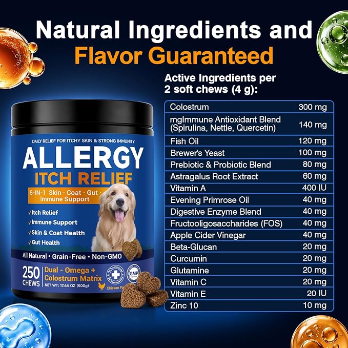 Dog Allergy Chews,is Omega 3 Human,Anti Itch Relief for Dogs Itching Skin Relief and Aller Immune Pet Multivitamin Allergy Chews Coat Licking Supplement Pills Meds Treats 250 Bites for Dogs