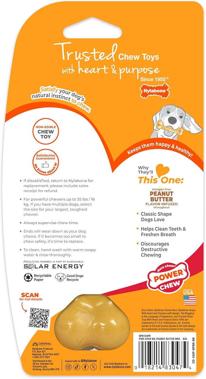 Nylabone Power Chew Classic Bone Chew Toy for Dogs, Durable Dog Toys for Aggressive Chewers, Peanut Butter Flavor, Medium/Wolf - Up to 35 lbs. (1 Count) | Durable chew toys, long lasting, flavor throughout, discourages destructive chewing, keeps dogs b...