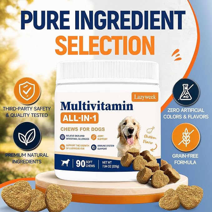 All-in-1 Dog Multivitamin Chewable Supplements & Vitamins with Glucosamine, Probiotics, Omega-3 for Itchy Skin, Hip Joint, Gut, Immune Support,Puppy & Senior – 90 Chews