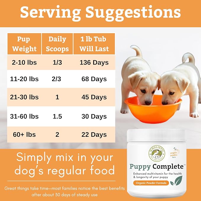 Organic Puppy Vitamins with Organic Pumpkin Protein, 1 Lb, 45 Scoops | Daily Dog Multivitamin with Prebiotics, Probiotics for Immune Support, Skin Coat, Digestion, Joint Health - Puppy Complete