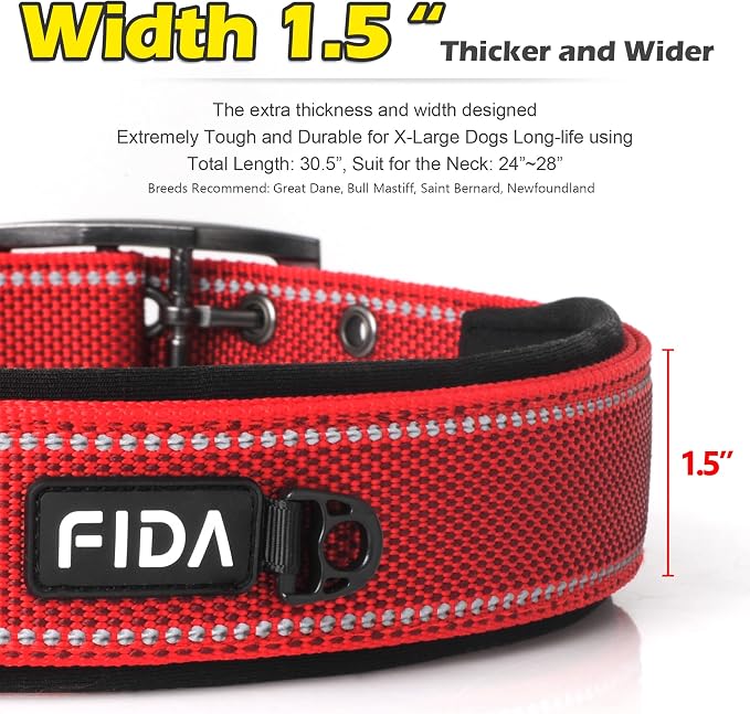Fida Heavy Duty Dog Collar for Large Dogs with Metal Belt Buckle, Red | 1.5" Width, Soft Neoprene Padded, Thicker Nylon Webbing, Adjustable Fit, Reflective Stitching for Night Safety