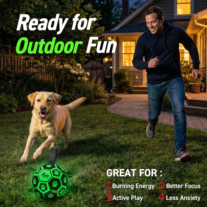 QDAN Glow in The Dark Dog Toys, Dog Soccer Ball with Straps, Night Play Fun | Light Up Dog Balls for Large Dogs, Interactive Training Dog Tug Toys for Tug of War, 8 Inch, 30-90 lbs Puppy Ball, Dog Gifts