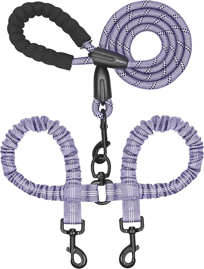 iYoShop Double Dog Leash, 360° Swivel, No Tangle, Large, Lavender | Dual Leash for Two Dogs, Split Leash, Shock-Absorbing Bungee, Padded Handle, Heavy-Duty Rope