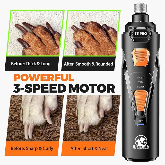 Whisper Quiet Dog Nail Grinder with 4 LED Lights, 3-Speed