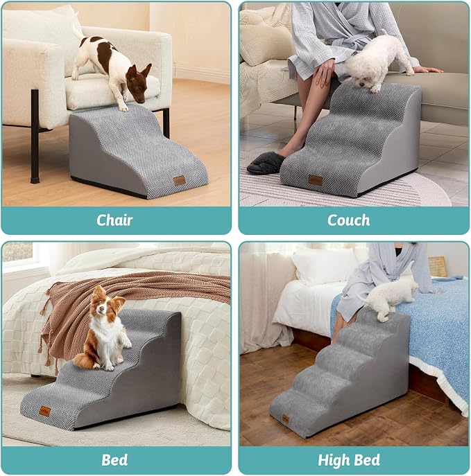 COZY KISS Wide Dog Stairs for Small Dog 15.7" H, Pet Step for Puppy, Older Cat, Curved Ramp for Couch, Durable Anti-Slip Ladder with High Density Foam, 3 Step, 17.7x22.4x15.7 inch, Grey