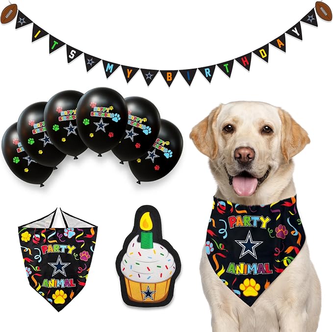 NFL Dallas Cowboys Dog Birthday Party Set 9pcs with 1 Football Bandana Small/Medium, 1 Banner, 1 Birthday Cake Toy & 6 B-Day Balloons, Dog Birthday Set, Costume, Fun Doggie Pawty Accesories