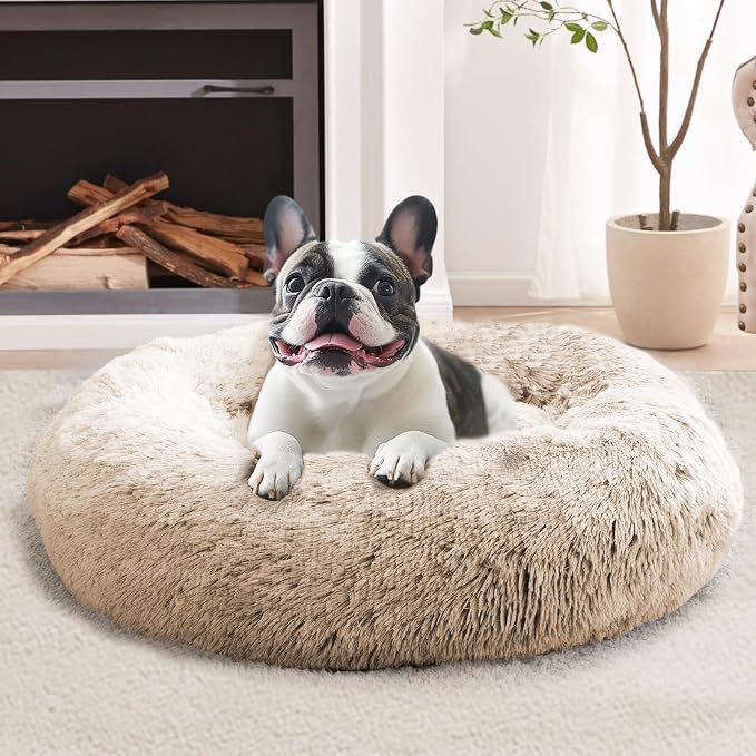 JOLLYVOGUE 27" Calming Donut Dog & Cat Bed, Cream Brown