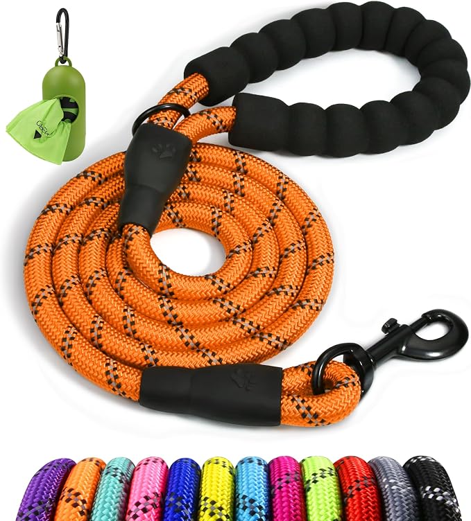 Taglory Rope Dog Leash for Small Medium Dogs, 5 FT Padded Handle, Orange | Made of Climbing Rope, Reflective for Night Walks and Training, Comfortable Grip, Anti-tangle Swivel Clip, 3/8 inch