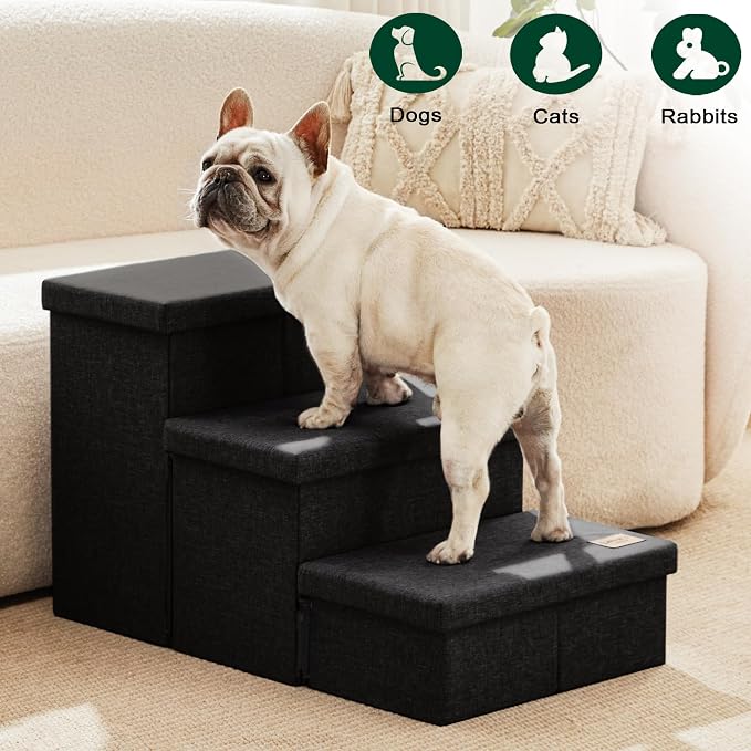 Love's cabin Dog Stairs with Storage, 3 Steps Wider Dog Steps for High Bed 18" H, Foldable Pet Stairs for Small Medium Large Dogs Cats for Bed Couch Car, Ramp with Zip up to 200 lbs, Black