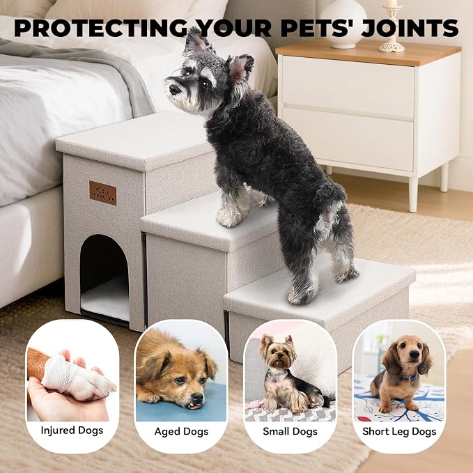 Zerbuger Dog Stairs with Condo 18" H, 3-Step Wider Dog Steps for High Beds Couch, Folding Storage Pet Stairs Gift for Small/Medium/Large Old Dogs Cats, Ramp for Climbing Car Up to 200 lbs, Beige